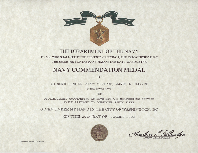 Navy Commendation Medal Certificate