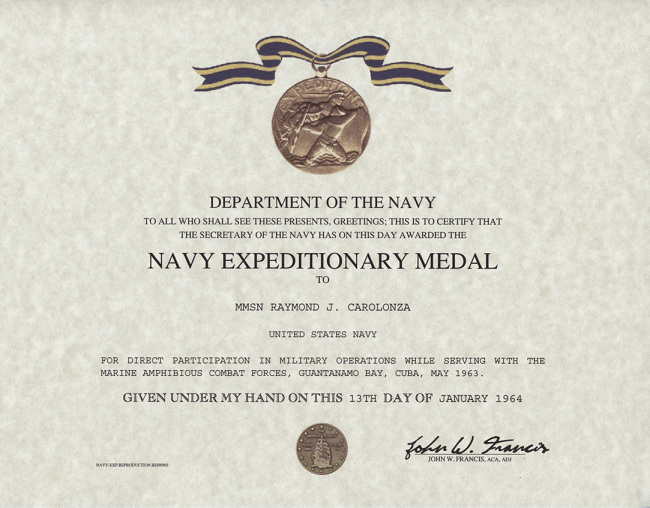 Navy Expeditionary Medal Certificate