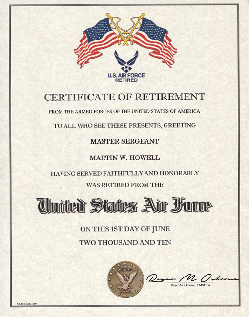 Retirement Certificate US Air Force