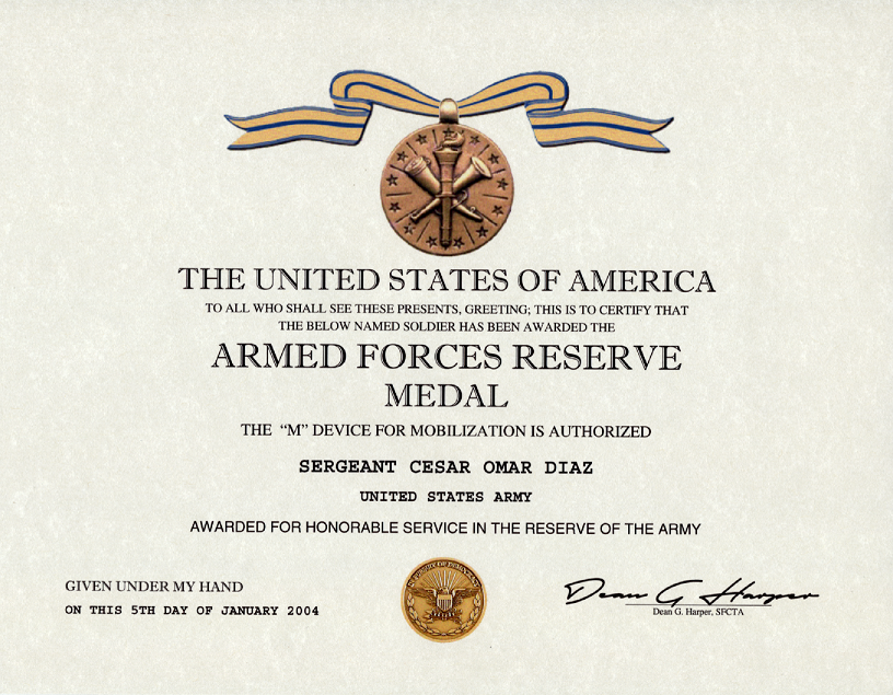 Armed Forces Reserve Medal certificate