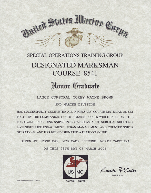 USMC Designated Marksman School Certificate