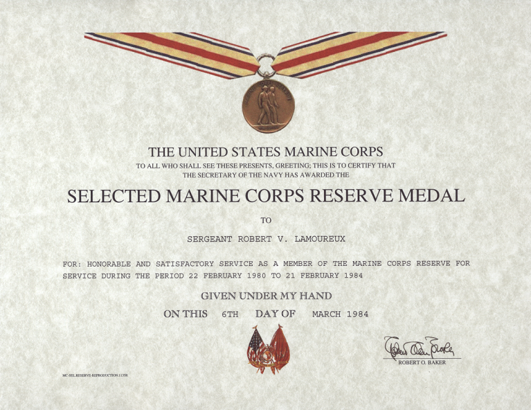 Select Marine Corps Reserve Medal Certificate