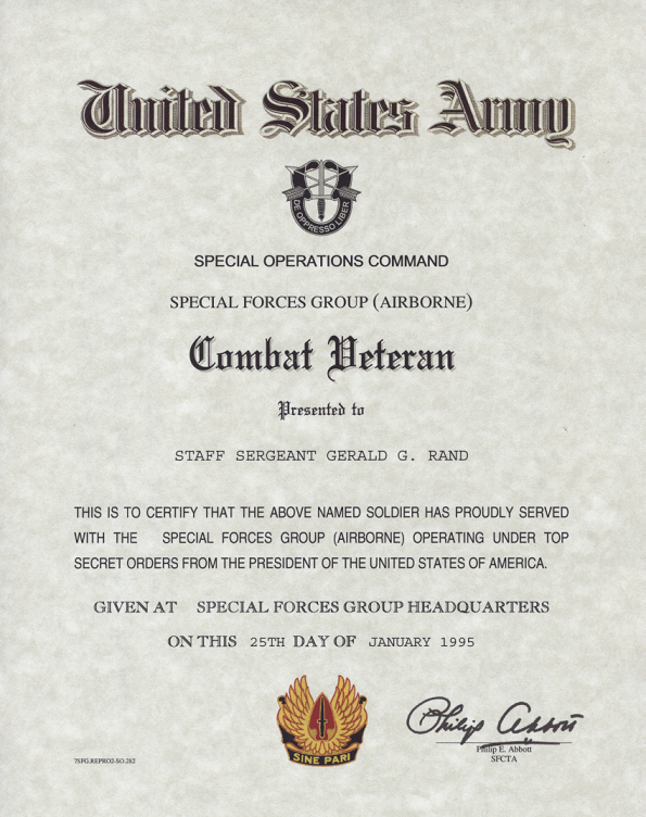 Special Forces Combat Veteran Certificate