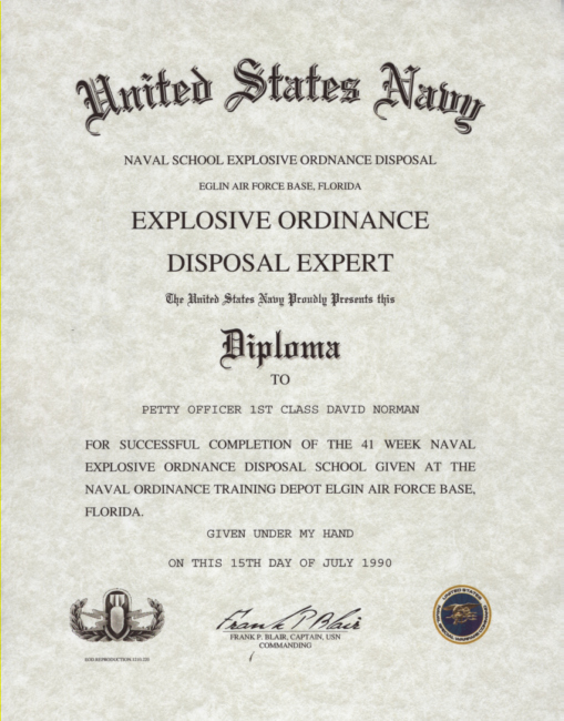 Navy Explosive Ordinance Disposal School (EOD) Certificate, Replacement ...