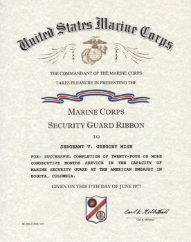 Marine Corps Security Guard ribbon Certificate